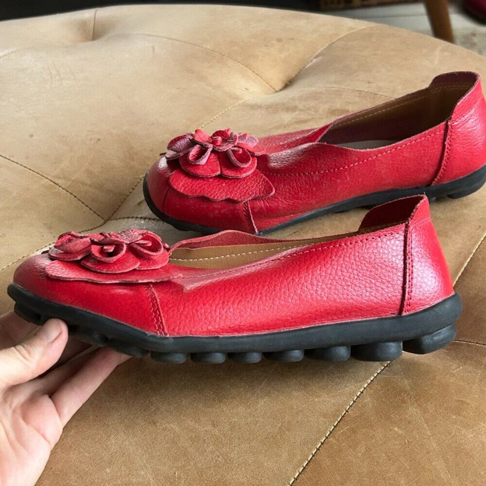 Red Lagenlook Art Teacher Ballet Flats Romantic Flower Soft Leather Shoes, 7.5 - Picture 10 of 11